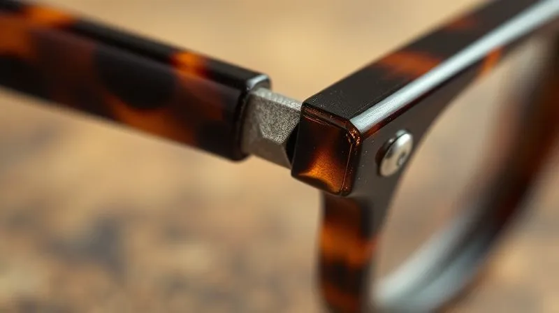 A close-up, photorealistic image of a vintage tortoiseshell eyeglass frame, focusing on a delicate riveted hinge and the intricate texture of the aged plastic. The frame exhibits a subtle, warm patina. Professional photography, 8K, cinematic lighting, sharp focus on the hinge, depth of field blurring the background, shot on a high-end DSLR.