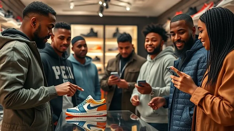 photorealistic, professional photography, 8K, cinematic lighting, sharp focus, depth of field, shot on a high-end DSLR, a diverse group of sneaker enthusiasts interacting positively in a stylish, well-lit boutique, one person pointing to a rare sneaker, another showing a phone with a secure transaction, conveying trust and community in the sneaker culture.