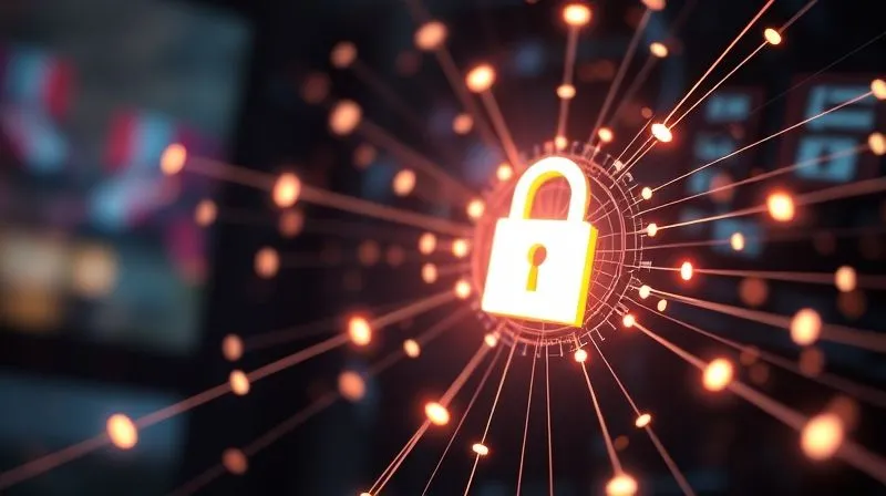 photorealistic, professional photography, 8K, cinematic lighting, sharp focus, depth of field, shot on a high-end DSLR, a stylized network of glowing data points and lines converging towards a central, secure lock icon, representing AI and machine learning actively protecting online transactions, with a blurred background of abstract digital patterns.