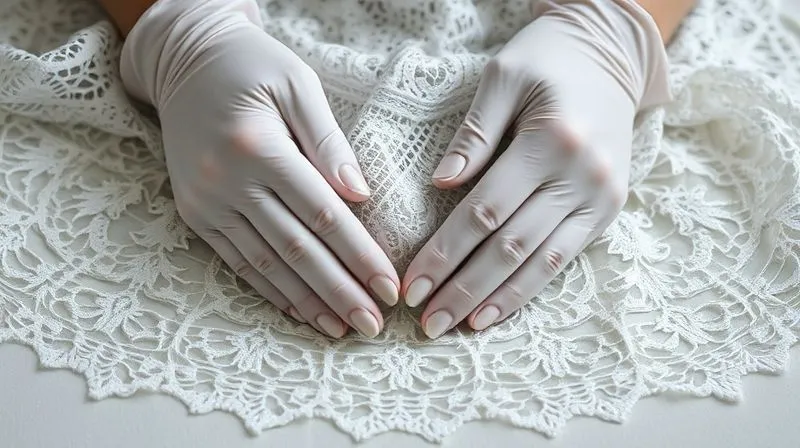 A close-up, photorealistic, professional photography shot of a pair of gloved hands gently supporting a large, intricate piece of 19th-century white lace on a clean, light-colored surface, cinematic lighting highlighting the texture, sharp focus on the delicate threads, 8K hyper-detailed.