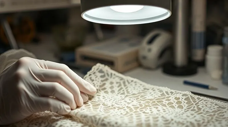 A photorealistic, professional photography shot of a textile conservator's hands, wearing white gloves, meticulously examining a delicate piece of antique lace under a high-magnification lamp, with various conservation tools and pH testing strips visible in the blurred background. Cinematic lighting, sharp focus on the lace, 8K hyper-detailed.