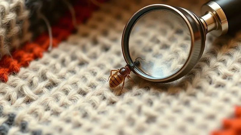 A photorealistic, professional photography close-up of a tiny, almost invisible, textile pest (like a carpet beetle larva) on a delicate vintage wool scarf, with a magnifying glass nearby. The image should evoke a sense of vigilance and threat. 8K, cinematic lighting, sharp focus, depth of field, shot on a high-end DSLR.