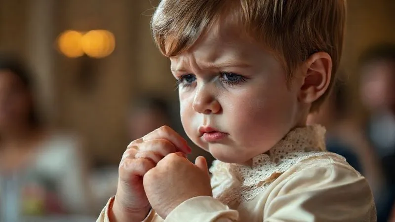 A photorealistic, professional photography, 8K, cinematic lighting, sharp focus, depth of field, shot on a high-end DSLR. Image shows a young child, perhaps 5-7 years old, with a slightly distressed or uncomfortable expression, subtly tugging at a scratchy lace collar or a tight sleeve of an otherwise beautiful formal outfit. The background is softly blurred, suggesting a formal event, but the focus is on the child's genuine discomfort with the clothing. The lighting highlights the texture of the fabric and the child's subtle gestures of irritation, conveying the problem of sensory issues.