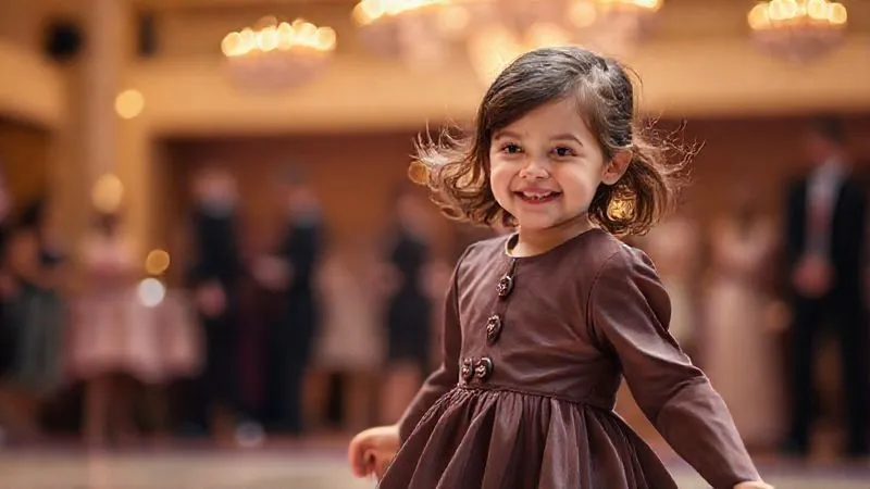 A photorealistic, professional photography, 8K, cinematic lighting, sharp focus, depth of field, shot on a high-end DSLR. Image captures a child, perhaps 7-9 years old, looking comfortable and smiling in a beautifully designed, sensory-friendly formal outfit. The dress or suit features smooth fabrics, soft embellishments, and a relaxed, elegant silhouette. The child is gently twirling or moving freely, conveying ease and joy. The background is a soft, warm blur of a sophisticated event, emphasizing the child's comfort within a formal setting.