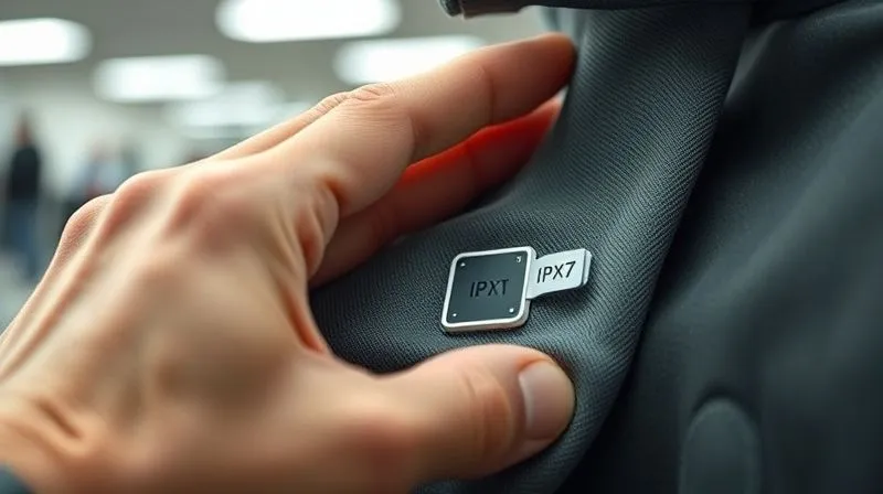 A close-up, photorealistic, professional photography, 8K, cinematic lighting, sharp focus, depth of field, shot on a high-end DSLR, of a hand inspecting a smart fabric, highlighting a seamlessly integrated, almost invisible sensor within the textile, with a small tag indicating an IPX7 rating. The background is a blurred, modern textile laboratory.