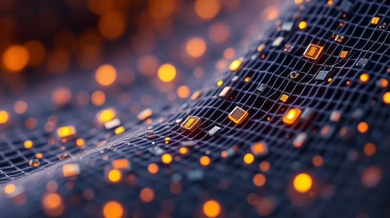 A photorealistic, professional photography, 8K, cinematic lighting, sharp focus, depth of field, shot on a high-end DSLR, showing a microscopic view of advanced smart fabric, with tiny, encapsulated electronic components woven into the fibers, glowing subtly. The image conveys cutting-edge material science and intricate design.
