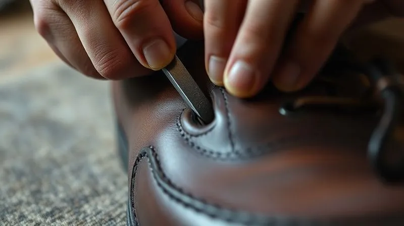 A highly detailed, close-up photorealistic image of a professional cobbler's hands gently prying open a delaminated section of a Goodyear-welted shoe sole, using a specialized tool, with a clear focus on the separation point. Cinematic lighting, sharp focus, depth of field. Shot on a high-end DSLR, 8K hyper-detailed.