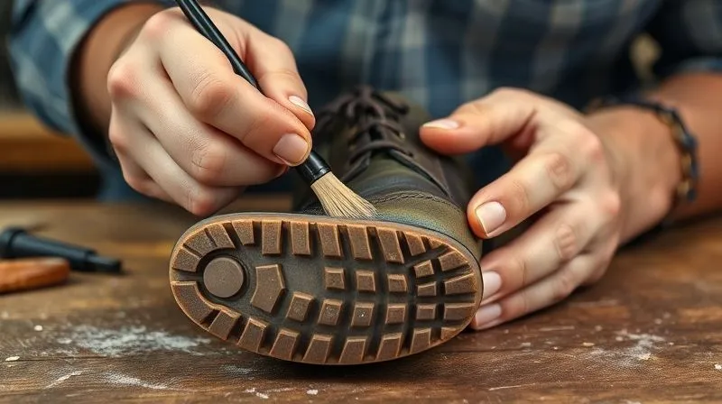 A close-up, photorealistic image of a professional cobbler's hands carefully applying a thin, even layer of contact cement to the roughened surface of a shoe sole, using a small brush. The shoe is held steady on a workbench, with cinematic lighting emphasizing the detail and precision. Shot on a high-end DSLR, 8K hyper-detailed.