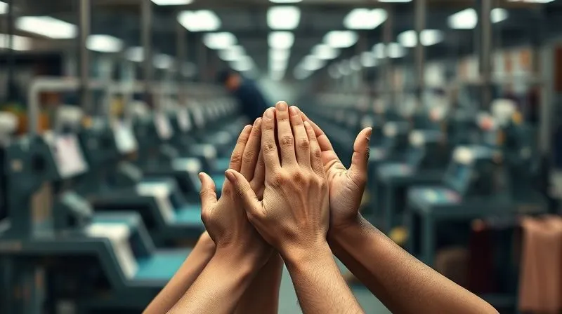 Photorealistic professional photography of several hands (diverse ages, genders) reaching forward to connect, symbolizing collaboration and shared effort, set against a blurred background of textile machinery and sustainable fabric swatches. Cinematic lighting, sharp focus on the hands, depth of field, 8K hyper-detailed.