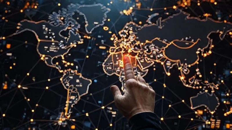 A professional, photorealistic overhead shot of a complex, interconnected supply chain map, with glowing lines representing material flow. Some lines are short and bright (local sourcing), others long and faint (global). A hand points to a cluster of local suppliers. Cinematic lighting, sharp focus on the map, depth of field, 8K hyper-detailed.