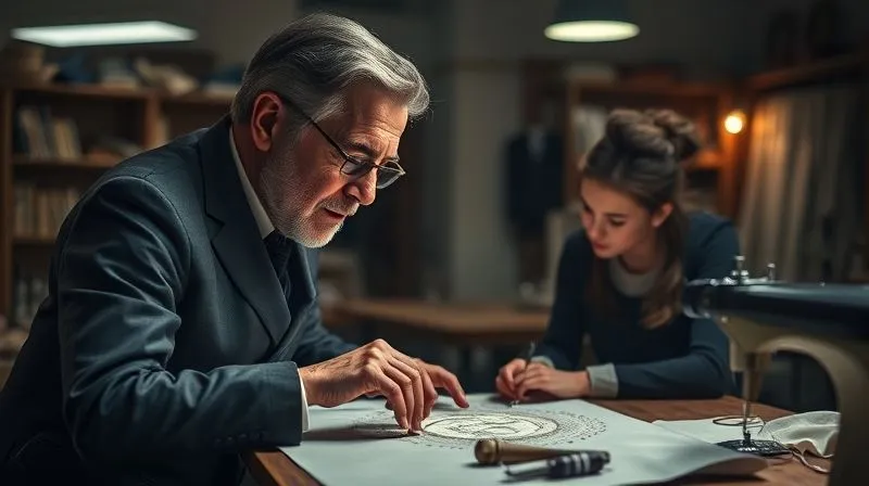 photorealistic, professional photography, 8K, cinematic lighting, sharp focus, depth of field, shot on a high-end DSLR. An elegant, dimly lit haute couture atelier, a master artisan, possibly a tailor or embroiderer, with a concentrated expression, leaning over a workbench, discussing a delicate fabric piece with a younger apprentice. The scene emphasizes intergenerational knowledge transfer and mutual respect, with tools and intricate fabrics visible in the background.