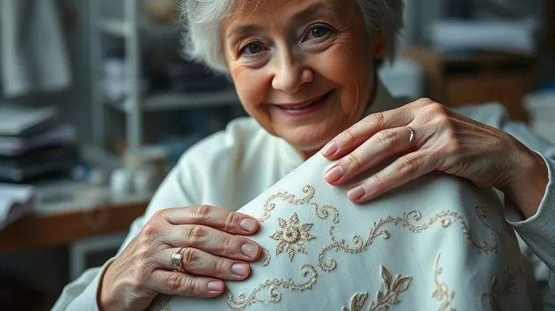 photorealistic, professional photography, 8K, cinematic lighting, sharp focus, depth of field, shot on a high-end DSLR. A master embroiderer, a person of elegant age, with a gentle smile, looking directly at the camera. Their hands are gracefully positioned near a half-finished, intricately embroidered haute couture garment. The background is softly blurred, hinting at an atelier setting, conveying dignity, expertise, and the human face behind unparalleled quality.