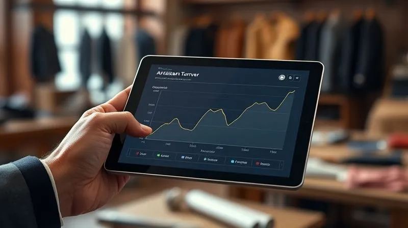 photorealistic, professional photography, 8K, cinematic lighting, sharp focus, depth of field, shot on a high-end DSLR. A minimalist, elegant data visualization interface on a sleek tablet, showing a line graph trending downwards for 'Artisan Turnover' and an upward trend for 'Couture Quality Scores'. The screen is held by a discerning hand in a high-end atelier setting, conveying data-driven decision making in luxury fashion.