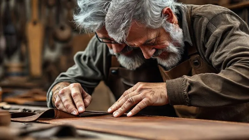 A photorealistic image of a seasoned, grey-haired artisan with calloused hands, gently guiding the hands of a younger apprentice over a piece of fine leather, both focused intently on the intricate work. Soft, warm cinematic lighting, sharp focus on their hands and the leather, depth of field blurring the background of a traditional workshop, 8K hyper-detailed. A photorealistic image of a seasoned, grey-haired artisan with calloused hands, gently guiding the hands of a younger apprentice over a piece of fine leather, both focused intently on the intricate work. Soft, warm cinematic lighting, sharp focus on their hands and the leather, depth of field blurring the background of a traditional workshop, 8K hyper-detailed.