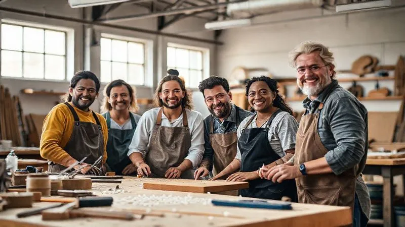 A photorealistic, professional photography, 8K, cinematic lighting, sharp focus, depth of field, shot on a high-end DSLR, of a group of diverse artisans in a clean, modern workshop, smiling and collaborating around a workbench, demonstrating a sense of community and pride in their work. Sunlight streams through large windows, highlighting their focused, happy expressions. A photorealistic, professional photography, 8K, cinematic lighting, sharp focus, depth of field, shot on a high-end DSLR, of a group of diverse artisans in a clean, modern workshop, smiling and collaborating around a workbench, demonstrating a sense of community and pride in their work. Sunlight streams through large windows, highlighting their focused, happy expressions.