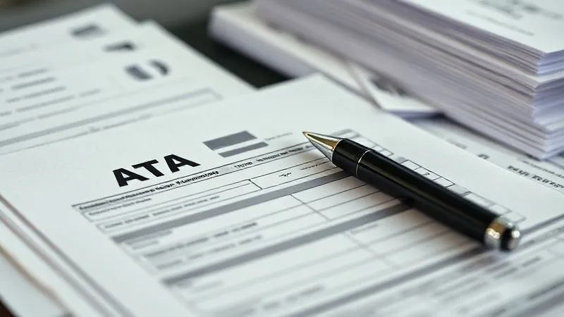 photorealistic, professional photography, 8K, cinematic lighting, sharp focus, depth of field, shot on a high-end DSLR, a close-up of an open ATA Carnet document, with a fountain pen resting on it, alongside a stack of meticulously organized customs forms and shipping manifests, all illuminated by soft, focused light, conveying precision and importance.