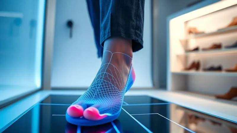 A close-up, photorealistic shot of a client's foot being precisely scanned by a sleek, modern 3D foot scanner, blue laser lines tracing the contours, in a luxurious, minimalist bespoke shoe workshop, professional photography, 8K, cinematic lighting, sharp focus, depth of field, shot on a high-end DSLR, emphasizing precision and technology.