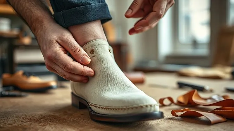A close-up, photorealistic image of a skilled shoemaker's hands carefully marking a canvas trial shoe (toile) on a client's foot, with precision tools and leather scraps visible in a well-lit workshop, professional photography, 8K, cinematic lighting, sharp focus, depth of field, shot on a high-end DSLR, highlighting the iterative process of bespoke fitting.