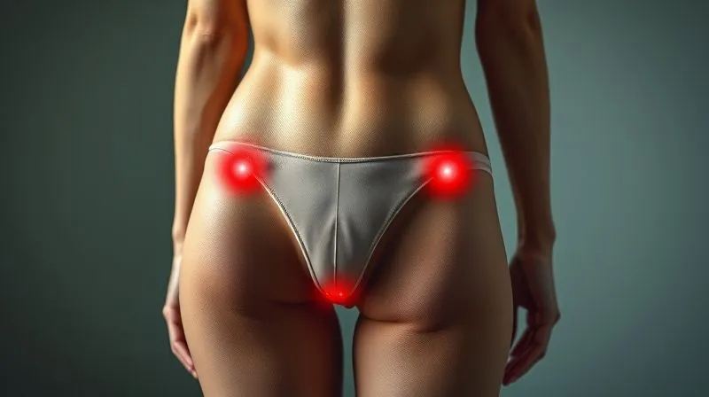 A photorealistic anatomical diagram of a human body, highlighting common chafing zones on inner thighs, underarms, bra line, and waist with subtle red glows, professional photography, 8K, cinematic lighting, sharp focus, depth of field, shot on a high-end DSLR.