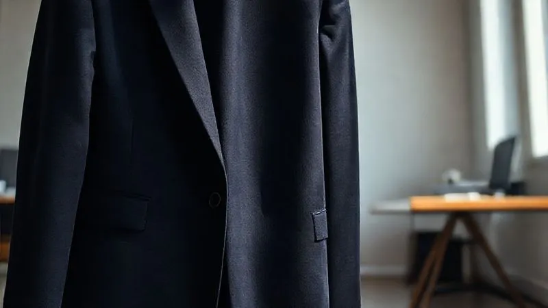 A photorealistic, professional photography, 8K, cinematic lighting, sharp focus, depth of field, shot on a high-end DSLR of a chic, dark navy tailored blazer draped elegantly over a chair in a minimalist, modern office setting. The fabric texture is visible, indicating quality. Sunlight streams in from a window, highlighting the crisp lines and sophisticated appeal of the garment. No people, no logos.