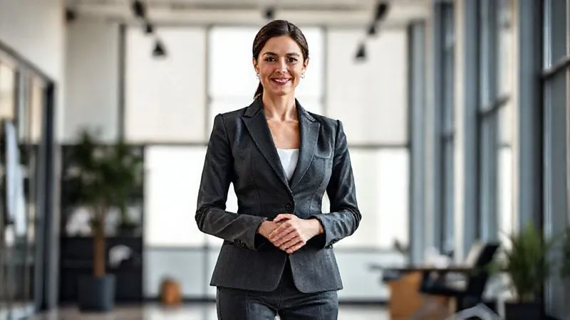 A photorealistic, professional photography, 8K, cinematic lighting, sharp focus, depth of field, shot on a high-end DSLR of a woman in a perfectly tailored charcoal grey power suit, standing confidently in a modern, sunlit office with a subtle, determined smile. Her posture is impeccable, and her hands are clasped lightly in front of her, exuding poise and readiness. The image emphasizes the sharp lines of her suit and her confident demeanor, reflecting successful strategic styling.
