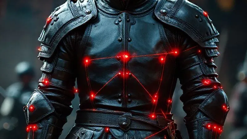 Photorealistic, professional photography, 8K, cinematic lighting, sharp focus, depth of field, shot on a high-end DSLR. An intricately designed medieval-style leather armor costume for a film stunt, digitally overlaid with glowing red lines and nodes indicating extreme stress points at the elbows, knees, shoulders, and major seams, as if seen through an advanced diagnostic scanner. The background is a blurred, dynamic film set.