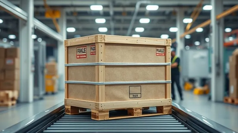 A photorealistic, professional photography shot of a luxury, reinforced shipping crate, clearly labeled with 'FRAGILE' and 'HANDLE WITH CARE' stickers, being gently placed onto a conveyor belt in a modern, clean logistics facility. The crate is designed for high-value items, with visible protective banding. Cinematic lighting, sharp focus on the crate, depth of field blurring the background workers and machinery. 8K hyper-detailed, shot on a high-end DSLR, conveying secure and careful handling.