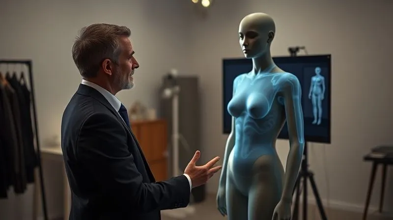 A photorealistic, professional photography, 8K, cinematic lighting, sharp focus, depth of field, shot on a high-end DSLR. A master tailor gently uses a 3D body scanner on a client in a minimalist haute couture atelier, the digital scan projected faintly on a nearby screen showing subtle body asymmetries. The atmosphere is one of precision, innovation, and client trust. Soft, diffused natural light.