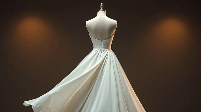 A photorealistic, professional photography, 8K, cinematic lighting, sharp focus, depth of field, shot on a high-end DSLR. A haute couture gown with an exquisite, flowing silhouette is displayed on a custom-designed dress form that subtly mirrors a body with spinal curvature. The gown appears perfectly balanced and elegant, showcasing how asymmetry was accommodated. Rich, warm spotlights highlight the fabric's texture and drape.