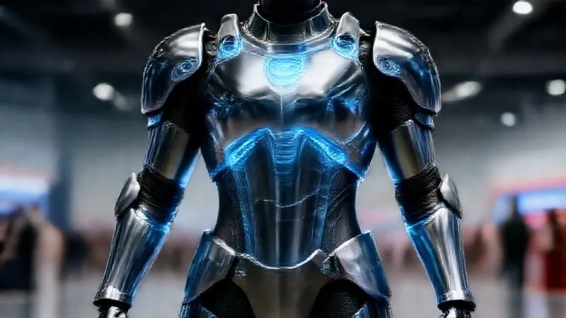 A photorealistic 3D render of a stylized, futuristic full-body cosplay armor suit, highlighting strategically placed intake and exhaust vents with subtle, transparent airflow indicators showing cool air entering low and warm air exiting high. The armor is a sleek, dark chrome with glowing blue accents, set against a blurred convention hall background, cinematic lighting, 8K, sharp focus.