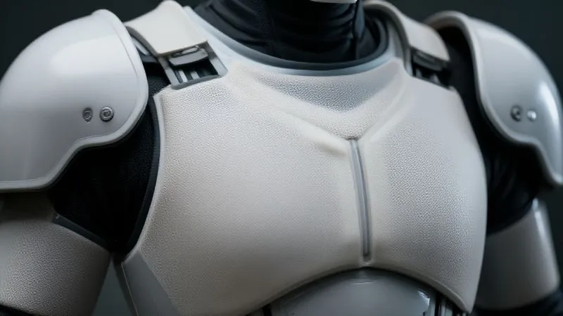 A photorealistic close-up of the internal structure of a futuristic full-body cosplay armor shoulder piece, showing intricate, breathable padding and a visible gap between the inner lining and the rigid outer shell. The padding is a 3D mesh fabric, and the internal components are clean and professionally finished, cinematic lighting, 8K, sharp focus, depth of field blurring the exterior of the armor.