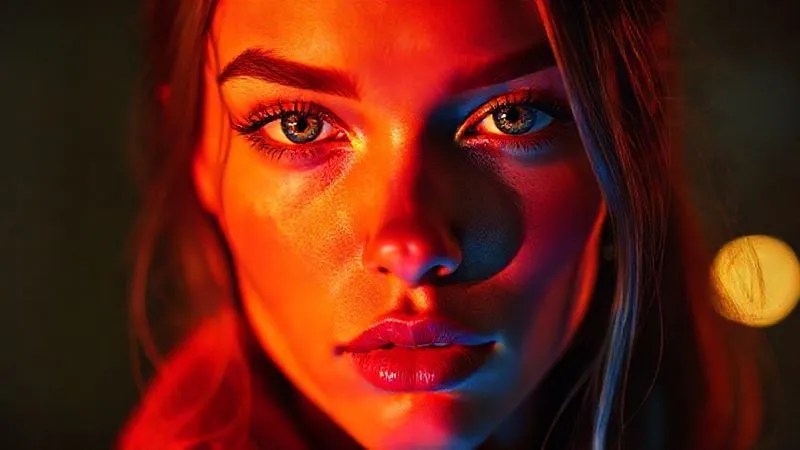 A photorealistic close-up of a fashion model's face, half illuminated by warm tungsten light (orange cast) and half by cool daylight (blue cast), creating a stark color temperature difference down the center. Professional photography, 8K, cinematic lighting, sharp focus, depth of field, shot on a high-end DSLR.