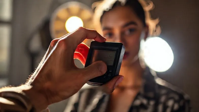 A photorealistic shot of a fashion photographer's hand meticulously adjusting a light meter, with a focused expression. In the background, a fashion model is posing under a challenging mixed lighting setup (partially sunlight, partially artificial light). Professional photography, 8K, cinematic lighting, sharp focus on the light meter, depth of field, shot on a high-end DSLR.
