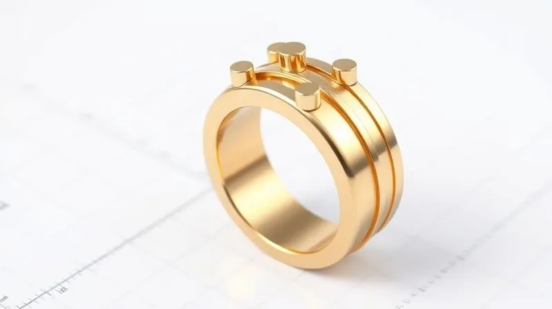 A highly detailed, photorealistic 3D rendering of a gold ring wax model with an optimized sprue and gate system. The sprue is conical and thick, with multiple feeder gates strategically placed on the ring's thickest sections. The background is a clean, analytical white with measurement lines. Professional photography, 8K, cinematic lighting, sharp focus, depth of field, shot on a high-end DSLR.