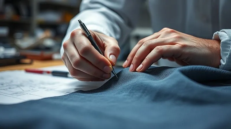 A photorealistic image of a textile engineer's hands meticulously working on a smart fabric prototype, embedding flexible electronic components with precision. The workspace is clean and futuristic, with blurred design schematics in the background. Professional photography, 8K, cinematic lighting, sharp focus, depth of field, shot on a high-end DSLR.