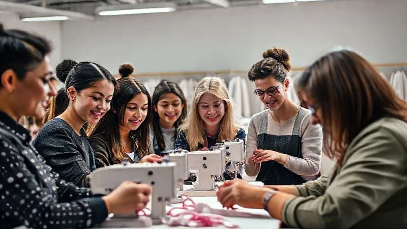 Photorealistic, professional photography, 8K, cinematic lighting, sharp focus, depth of field, shot on a high-end DSLR. A diverse group of young, enthusiastic students, some with modern hairstyles and attire, engaged in a vibrant haute couture workshop, learning intricate hand-stitching from a master artisan, expressing curiosity and excitement for the craft. Bright, inspiring atmosphere.