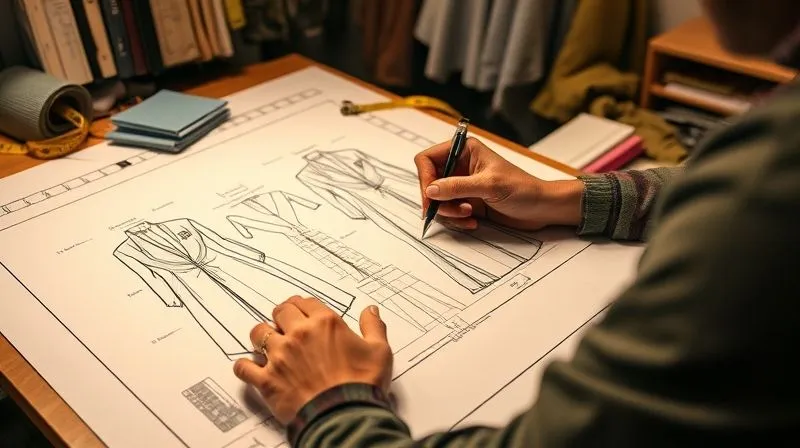 photorealistic, professional photography, 8K, cinematic lighting, sharp focus, depth of field, shot on a high-end DSLR, a costume designer's hands sketching intricate costume designs on a large drawing board, with notes on quick-change mechanisms like zippers and Velcro, surrounded by fabric swatches and measuring tapes, warm studio lighting