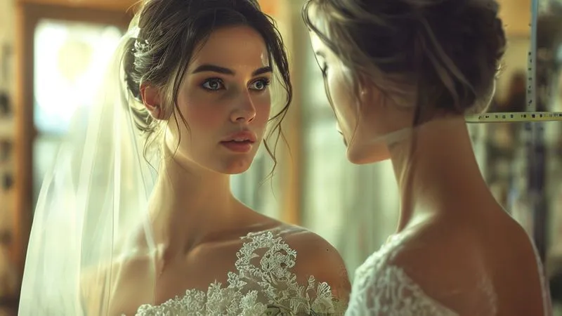 A photorealistic image of a bride looking with a mix of concern and determination at her wedding gown, which is slightly ill-fitting on a mannequin, with a measuring tape draped nearby. The scene is set in a softly lit bridal atelier, hinting at urgent work. Professional photography, 8K, cinematic lighting, sharp focus on the gown and bride's expression, depth of field blurring the background, shot on a high-end DSLR.