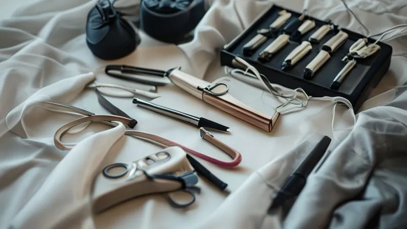 A close-up, photorealistic shot of a bridal emergency kit laid out on a soft, elegant fabric, featuring a compact sewing kit, fashion tape, safety pins, and a lint roller. Professional photography, 8K, cinematic lighting, sharp focus on the tools, depth of field blurring the background, shot on a high-end DSLR.