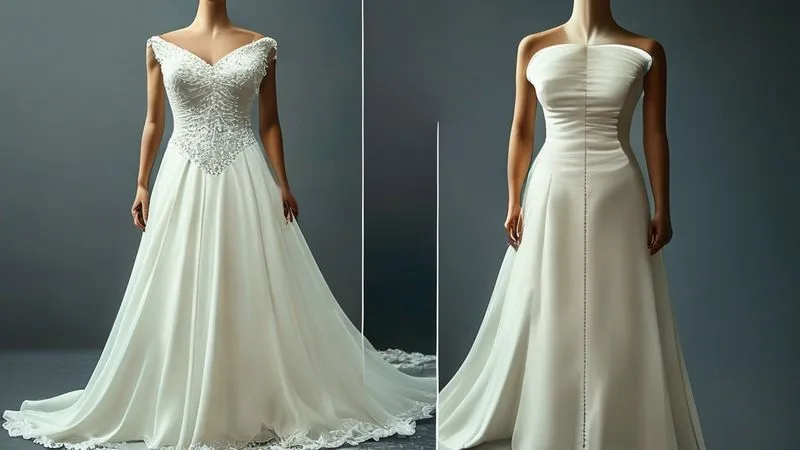 A photorealistic side-by-side comparison of a wedding gown: 'Before' shows a slightly ill-fitting bodice with minor gaps, and 'After' shows the same gown with a perfectly tailored, smooth fit, subtly achieved through internal adjustments. Professional photography, 8K, cinematic lighting, sharp focus on the garment's fit, depth of field blurring the background, shot on a high-end DSLR.