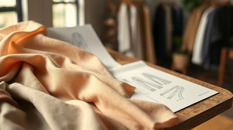 A photorealistic mood board featuring swatches of various luxurious, sustainable fabrics like organic silk, traceable cashmere, and innovative plant-based leathers, elegantly arranged with design sketches of womenswear garments. The lighting is soft and natural, emphasizing texture and quality, with a sharp focus on the fabrics and a blurred background of a designer's studio, 8K, cinematic lighting, depth of field, shot on a high-end DSLR.