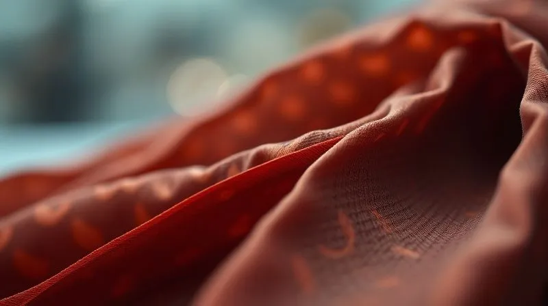 A macro shot of a luxurious, innovative bio-synthetic fabric, possibly made from pineapple leaves or mushroom mycelium, showcasing its intricate texture and elegant drape. The fabric is a deep, rich color, catching the cinematic light with a soft sheen. Sharp focus on the material, with a blurred background suggesting a high-tech textile lab or a sophisticated design studio, 8K, depth of field, shot on a high-end DSLR.