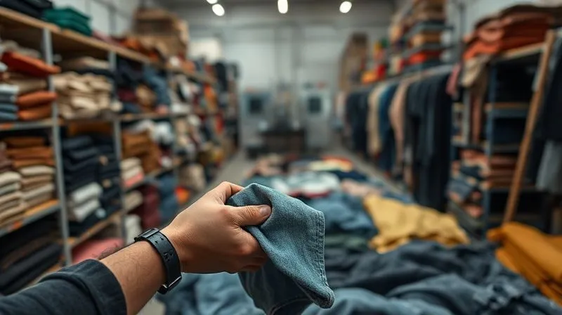 Photorealistic, professional photography, 8K, cinematic lighting, sharp focus on a diverse array of salvaged textiles meticulously sorted by color and fabric type in a well-lit, organized studio. Hands in the foreground are carefully inspecting a piece of denim for quality and integrity. Depth of field blurs industrial cleaning equipment in the background, conveying a sense of systematic pre-processing, shot on a high-end DSLR.