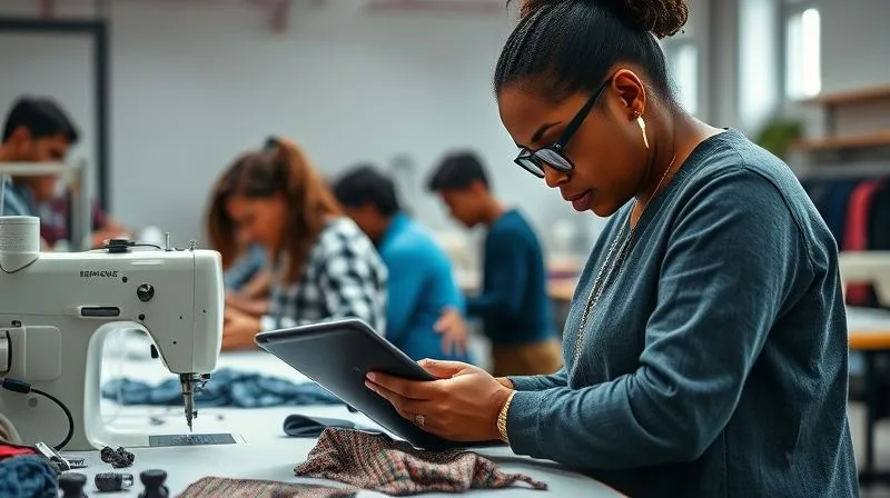 Photorealistic, professional photography, 8K, cinematic lighting, sharp focus on a diverse team of skilled artisans in a bright, modern studio, meticulously working on upcycled garment components. One artisan is carefully following a detailed SOP on a digital tablet next to their sewing machine, while another is inspecting a seam with a magnifying glass. The scene emphasizes precision, collaboration, and adherence to quality standards, shot on a high-end DSLR.