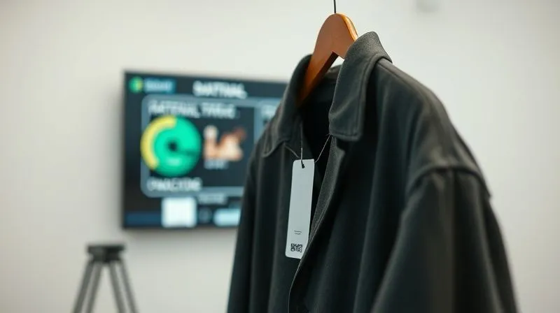 Photorealistic, professional photography, 8K, cinematic lighting, sharp focus on a stylishly designed upcycled garment, perhaps a jacket, hanging in a clean, minimalist studio setting. A small, elegant tag with a QR code is visible, and the code is clearly scannable. Depth of field subtly blurs a digital interface on a screen in the background, displaying information about the garment's material origin and upcycling process, symbolizing transparency and traceability, shot on a high-end DSLR.