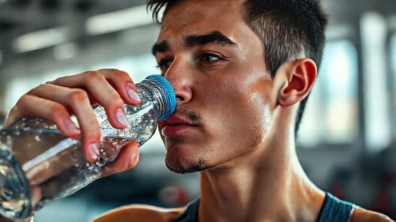 A photorealistic image of an athlete taking a thoughtful sip from a clear water bottle, beads of condensation visible. Their face shows a calm, hydrated expression. The background is a bright, modern gym with soft, natural light streaming in. Professional photography, 8K, cinematic lighting, sharp focus on the athlete's face and bottle, depth of field blurring the background, shot on a high-end DSLR, conveying wellness and replenishment.