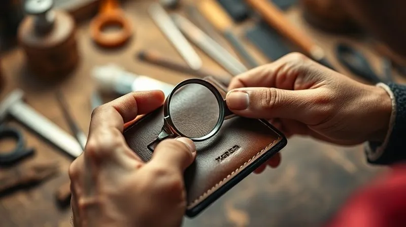 A close-up, high-angle shot of a skilled artisan's hands meticulously inspecting a custom-made leather wallet with a magnifying glass, looking for any imperfections in stitching or material. The workshop background is slightly blurred with other tools. Photorealistic, professional photography, 8K, cinematic lighting, sharp focus, depth of field, shot on a high-end DSLR. A close-up, high-angle shot of a skilled artisan's hands meticulously inspecting a custom-made leather wallet with a magnifying glass, looking for any imperfections in stitching or material. The workshop background is slightly blurred with other tools. Photorealistic, professional photography, 8K, cinematic lighting, sharp focus, depth of field, shot on a high-end DSLR.