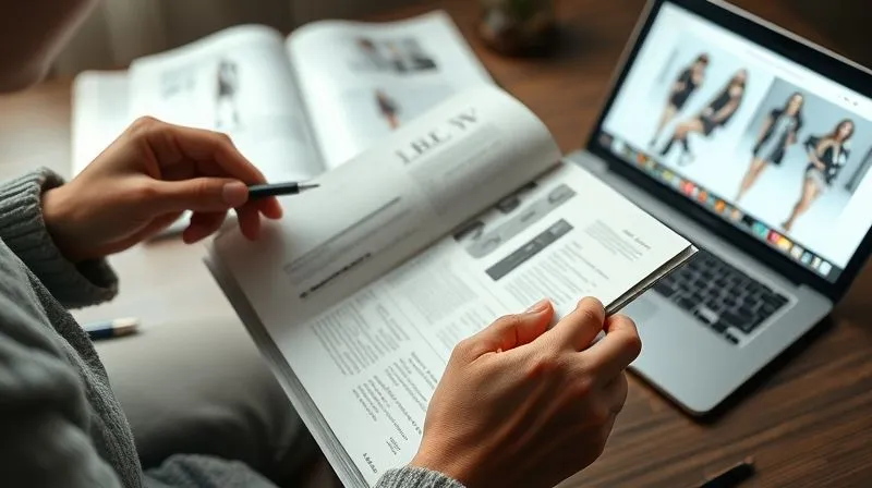 A photorealistic close-up of a person's hands meticulously flipping through a fashion magazine, surrounded by open sketchbooks and a laptop displaying runway images. The focus is on the textures of the paper and the thoughtful expression, with soft, directional lighting creating a studious and analytical mood. Shot on a high-end DSLR, 8K, sharp focus, depth of field.