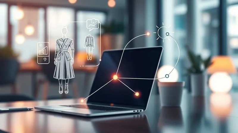 A photorealistic abstract representation of a creative process, with glowing lines connecting disparate elements: a fashion sketch, a laptop screen, a social media icon, and a thought bubble. The overall impression is one of seamless flow and innovation, set against a subtly blurred, modern workspace, with dynamic, cinematic lighting. Shot on a high-end DSLR, 8K, sharp focus, depth of field.
