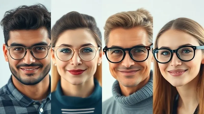 A diverse group of individuals, each wearing stylish, modern high-power prescription glasses that perfectly complement their unique facial features and personal style. The frames showcase a variety of colors, textures, and materials, all appearing sleek despite the strong lenses. Photorealistic, professional photography, 8K, cinematic lighting, sharp focus on the eyewear, depth of field, shot on a high-end DSLR.
